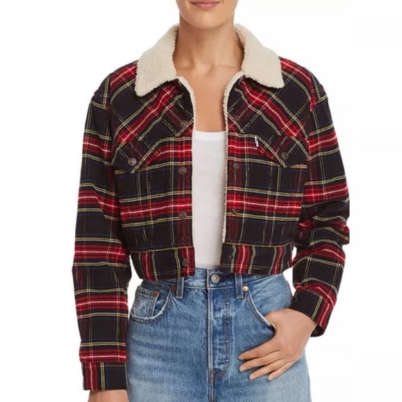 Levi's Red and Black Plaid Cropped Sherpa Jacket - Picture 1 of 6